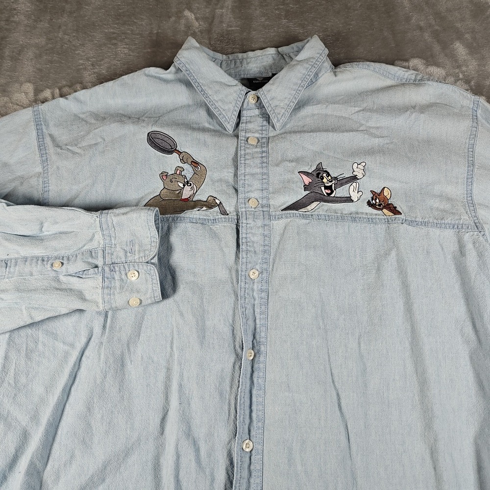 Vintage Tom‎ And Jerry Shirt XXL Embroidered Denim Button Up Warner Bros 90s